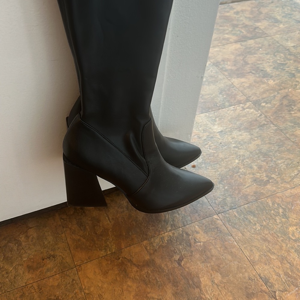 Black Pu Square Toe High Block Over The Knee Boots - image 2